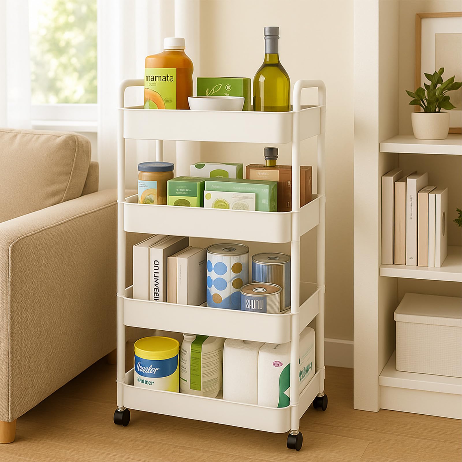 powerking 4-Tier Rolling Utility Cart,Multifunctional Mobile Storage Shelves with Handle and Lockable Wheels,Movable Organizer Trolley for Office,Bathroom,Living Room,Kitchen,Narrow Places (White)
