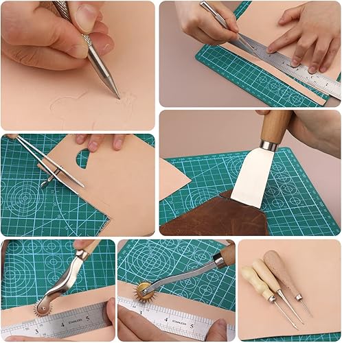 Vista 8 de Leather Working Kit, Leather Tools, Working Tool Kits with Stamping Tools Storage Bag Cutting Mat Prong Punch Waxed Thread Stitching Groover for DIY