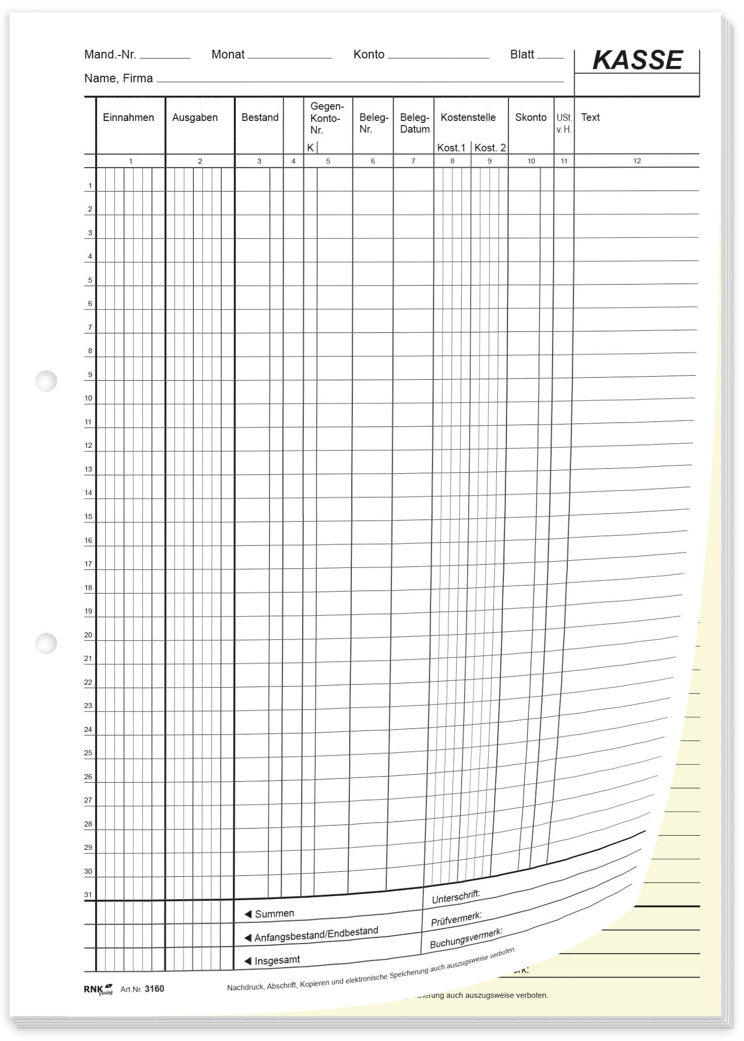 RNKVERLAG- EDV-Kassenbuch mit DATEV gerechtem Aufbau, im DIN A4 Format, perforiert, selbstdurchschreibend, Kassenbuch mit 2 x 50 Blatt (1x Weiß, 1x Durchschrift in Gelb), 1 Stück