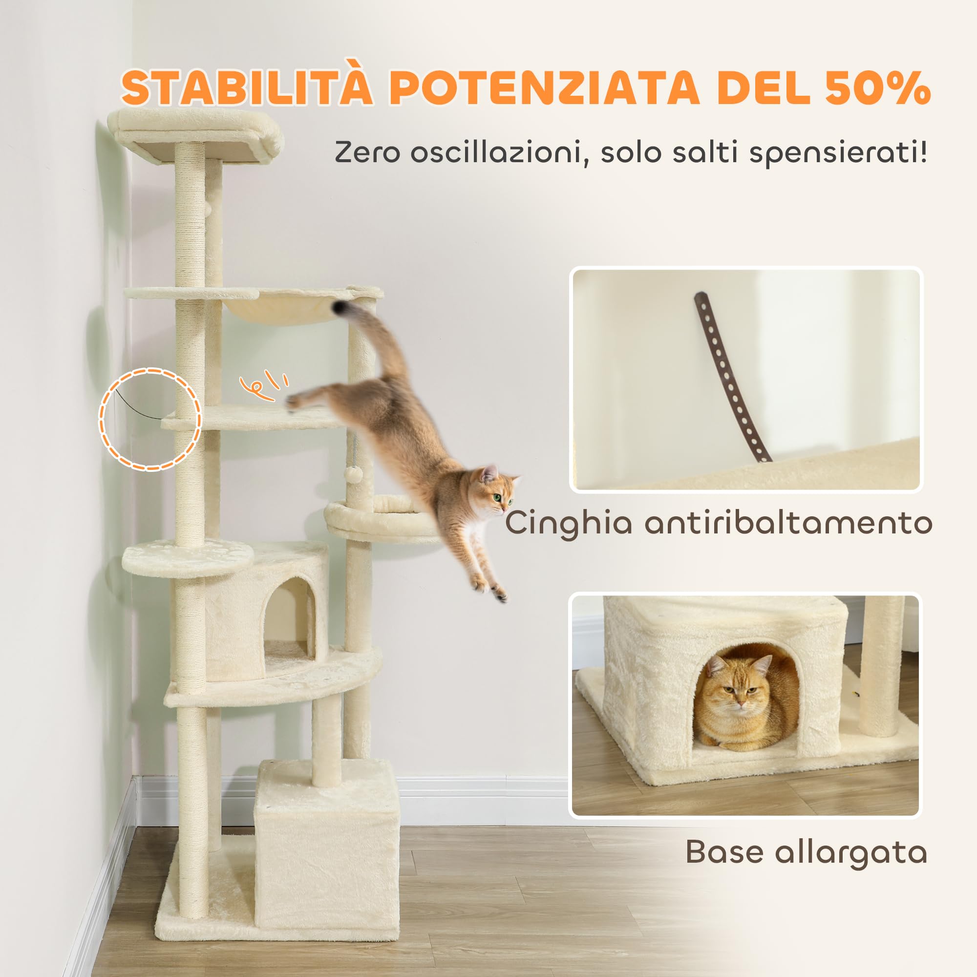 PawHut Tiragraffi per Gatti Alto 200 cm con 5 Pali Graffiatoi Sisal Beige | Albero per Gatti Adulti XXL Multilivello, 2 Grotte, 2 Cucce, Amaca, 2 Pompon, Piattaforme, Peluche, Torre per Gattini