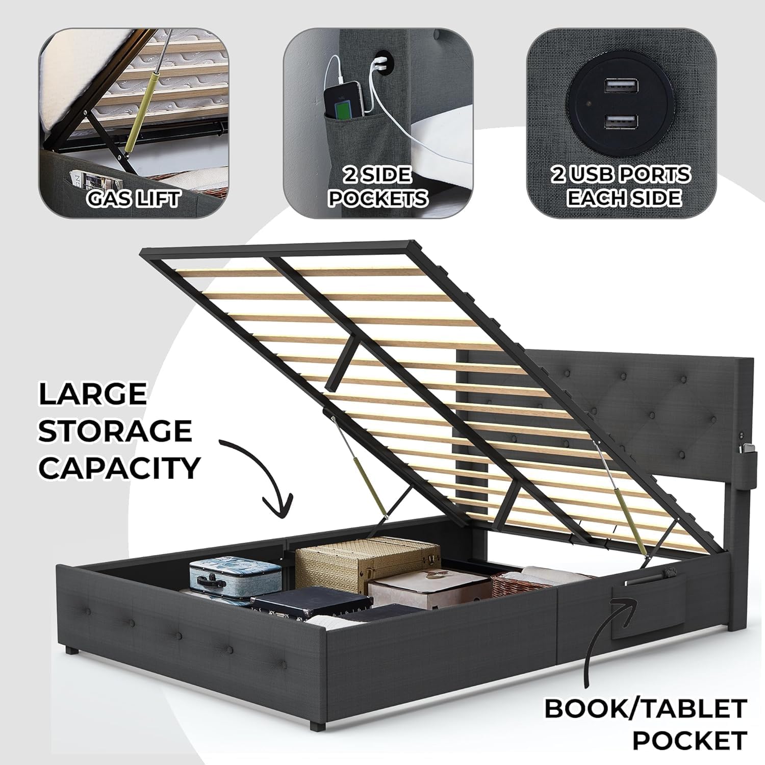 Visual guide highlighting the gas lift, side pockets, USB ports, and large storage capacity