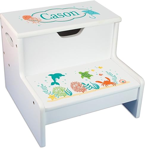 Taburete infantil personalizado de mar y marino blanco con almacenamiento