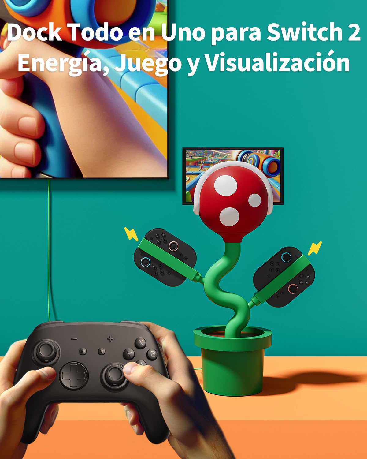 Docking Station Compatible con Switch 2, Base de Carga para Switch2/joypad, POWKONG Charging Station Piranha2 Cargador con puertos HDMI 4K 60Hz/USB 2.0/USB-C, Carga Rápida PD