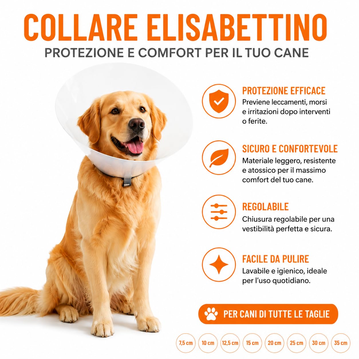 Collare Elisabettiano per Cani e Gatti – Collare Protettivo Post Operazione Trasparente, Cono Veterinario Regolabile Anti-Leccamento, Collare Recupero per Ferite e Chirurgia (35cm)