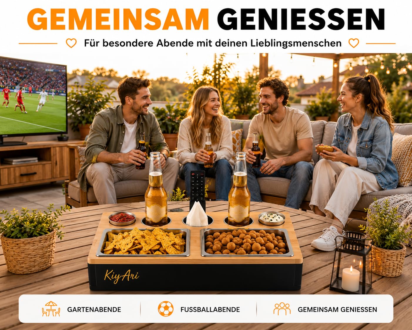 Couchbar Snackbox de bambú, 2 soportes para bebidas, 2 cuencos para aperitivos, soporte para teléfono móvil
