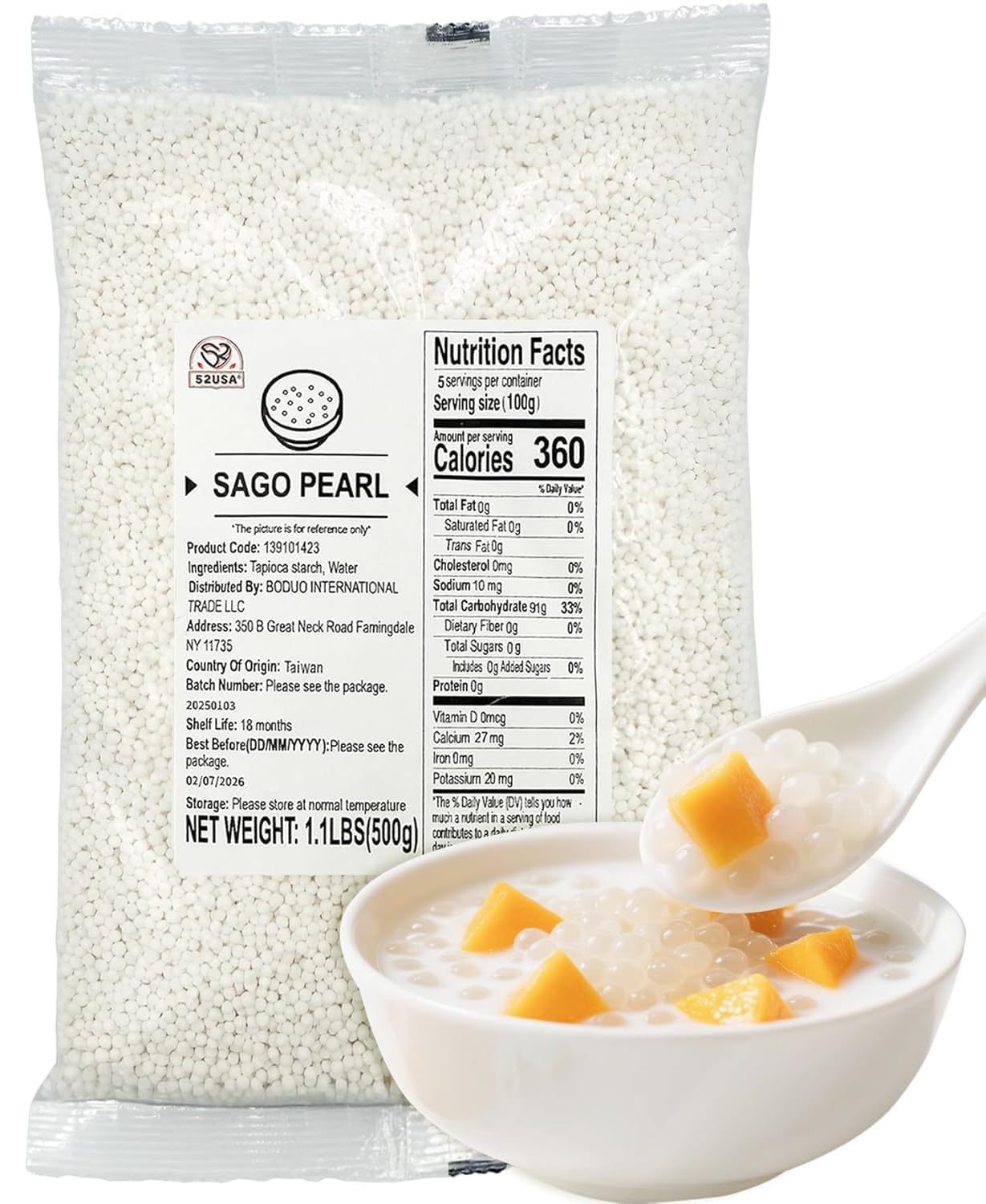 52USASago Pearls, Small Tapioca Pearls 1.1 lbs (500g) – White Sago for Desserts and Bubble Milk Tea, All-Natural, Vegan, Non-GMO, Gluten-Free