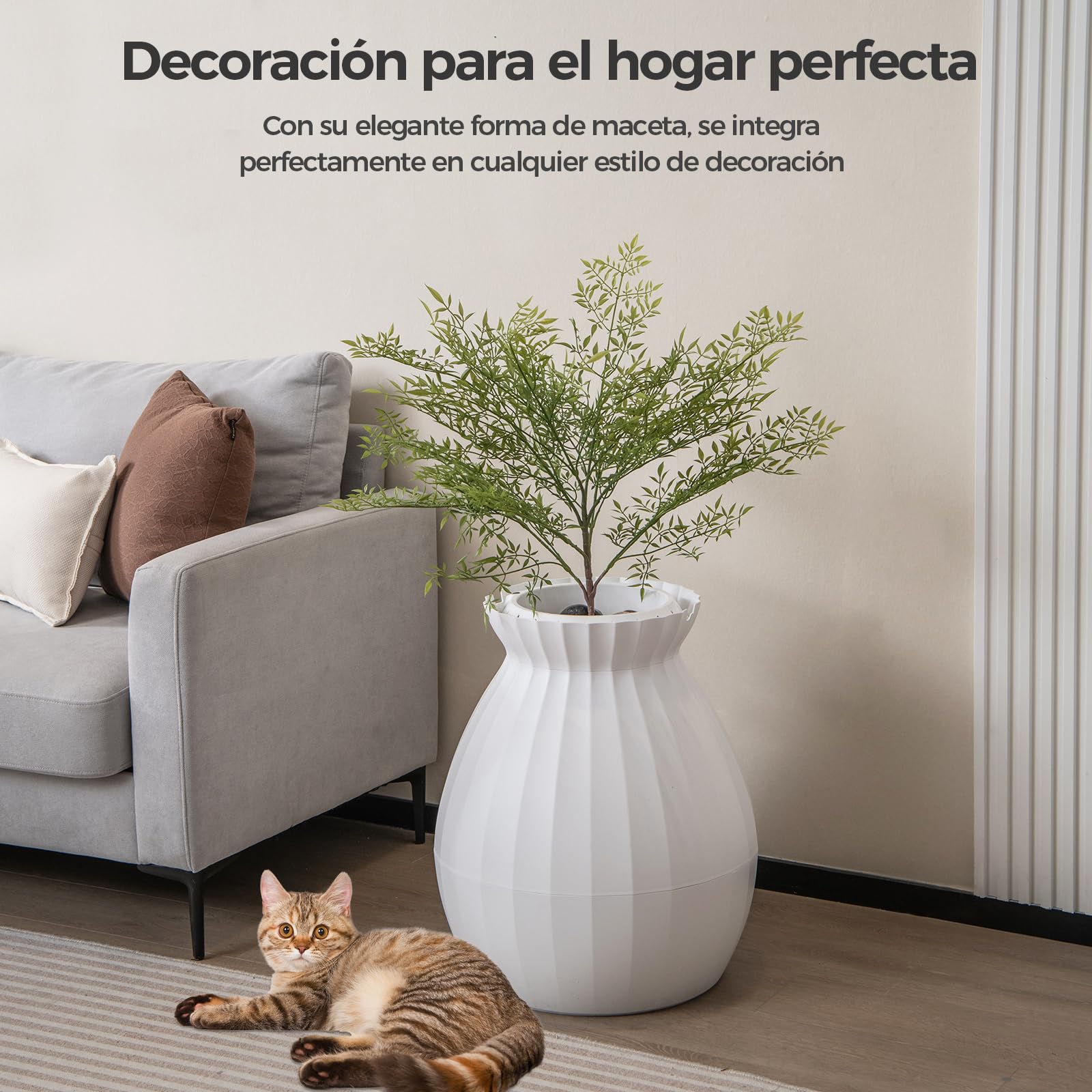 COSTWAY Caja de Arena Oculta, Incluye Planta Sintética Eliminación Electrónica de Olores y Esterilización, Caja De Arena para Plantas para Gatos (Blanco)