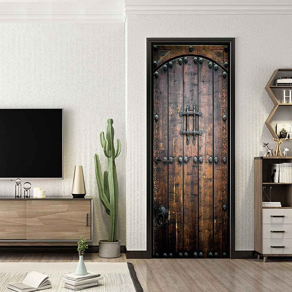 Sticker Porte 3D Effet Planche De Bois Rustique - Autocollant Vinyle 77x200 Cm - Amovible, Imperméable - Déco Murale
