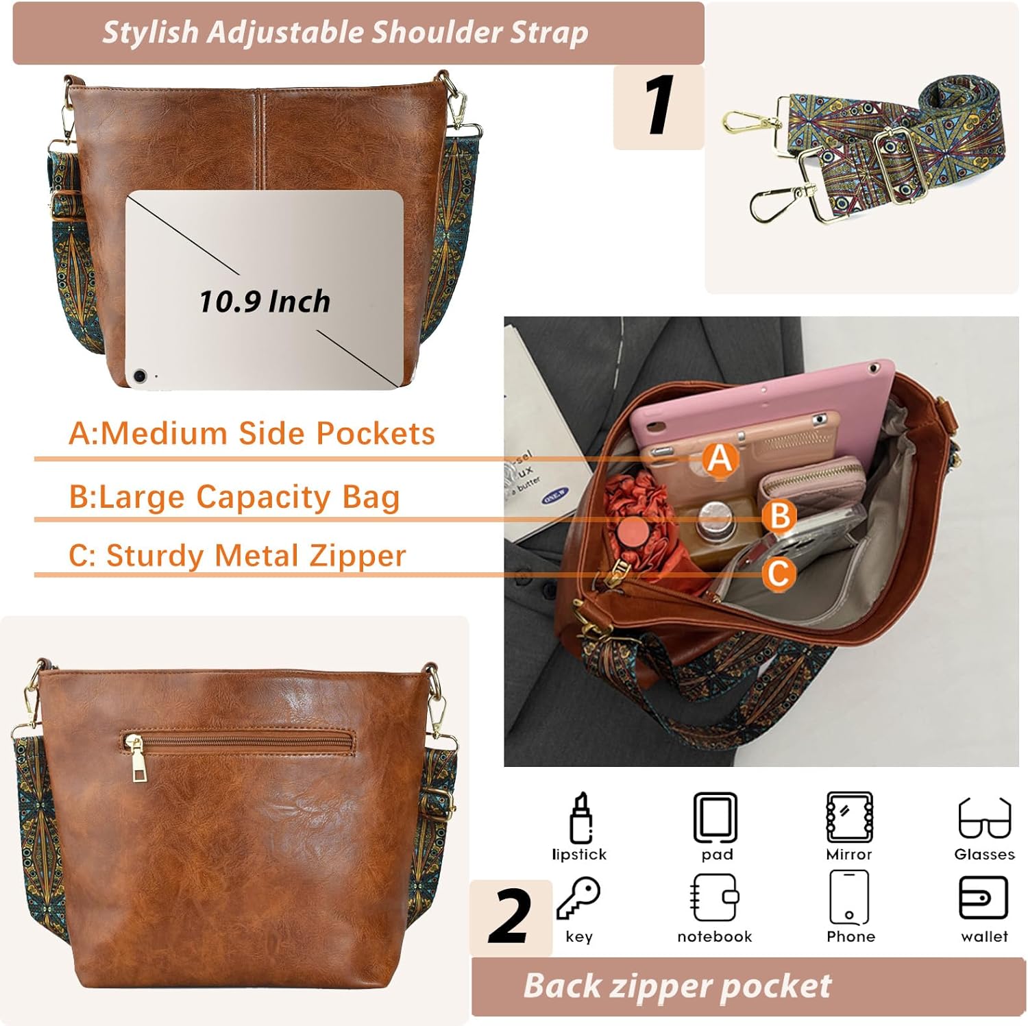 Hobo Bags Vegan Leather Crossbody Bag Guitar Strap Shoulder Purses with Zipper Handbags for Women - Image 3