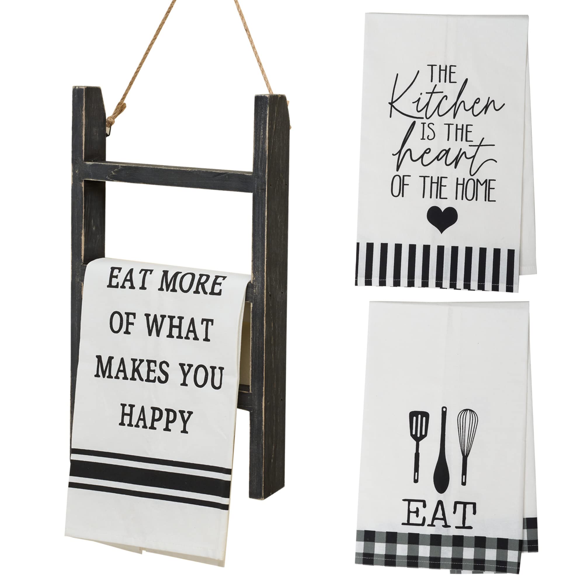 GenMous Hanging Tea Towel Ladder with 3pcs White Cotton Tea Towels with Sayings for Kitchen Decorative, Rustic Torched Wooden Counter Towel Rack, Farmhouse Mini Towel Holder for Kitchen Counter Décor