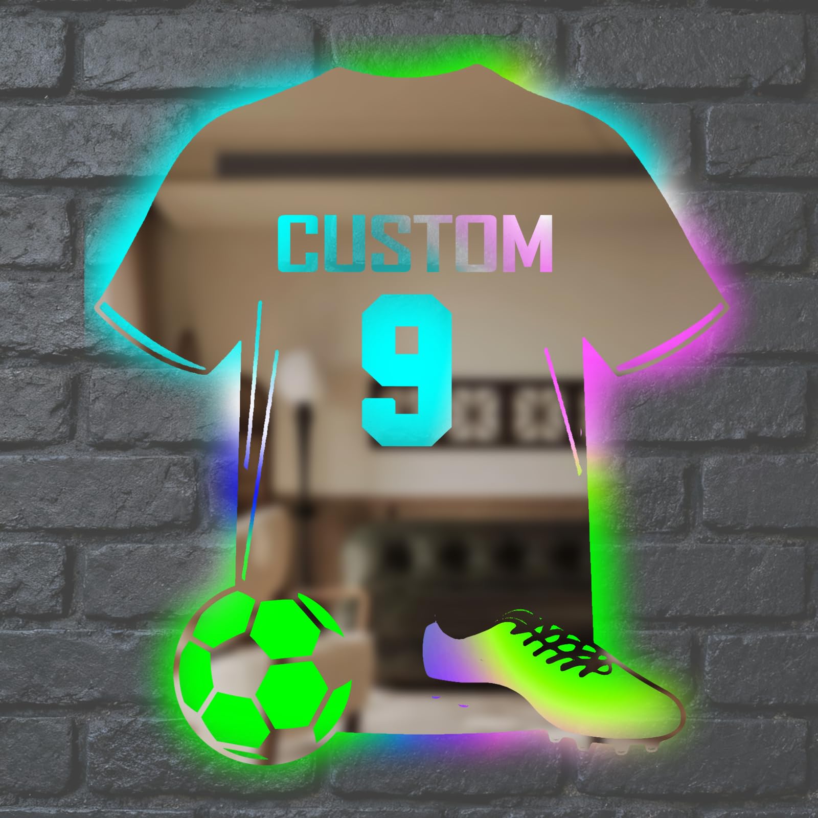 WolunLi Personalised Soccer Jersey Mirror Wall Night Light - Custom Name & Number LED Night Light for Bedroom, Kids Room Decor, Unique Sports Gift for Boys and Girls