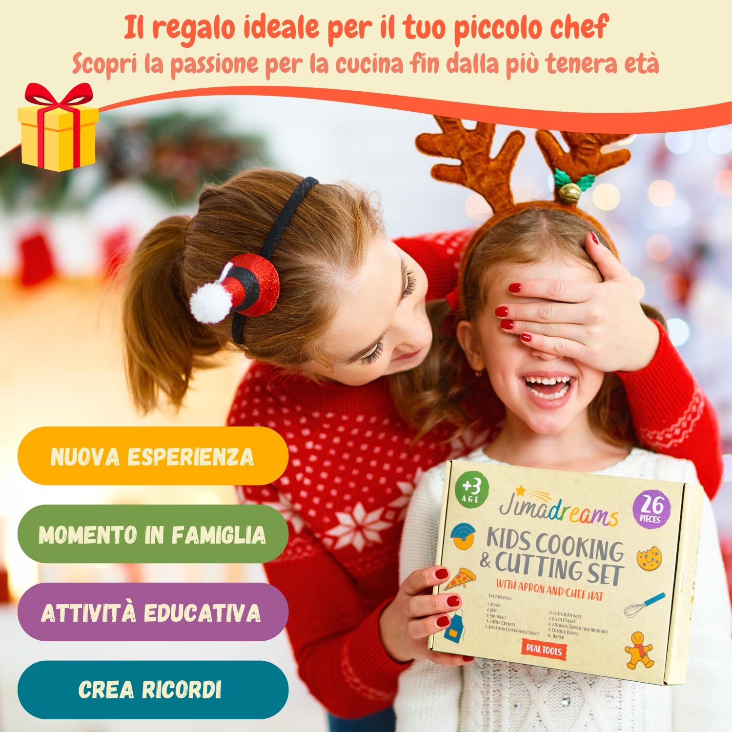 Set Cucina Bambini Montessori con Coltelli Antitaglio, Utensili Veri e Sicuri, Grembiule e Cappello da Chef - Kit Cucina e Pasticceria per Bambini - Regalo Bambina e Bambino dai 3 Anni
