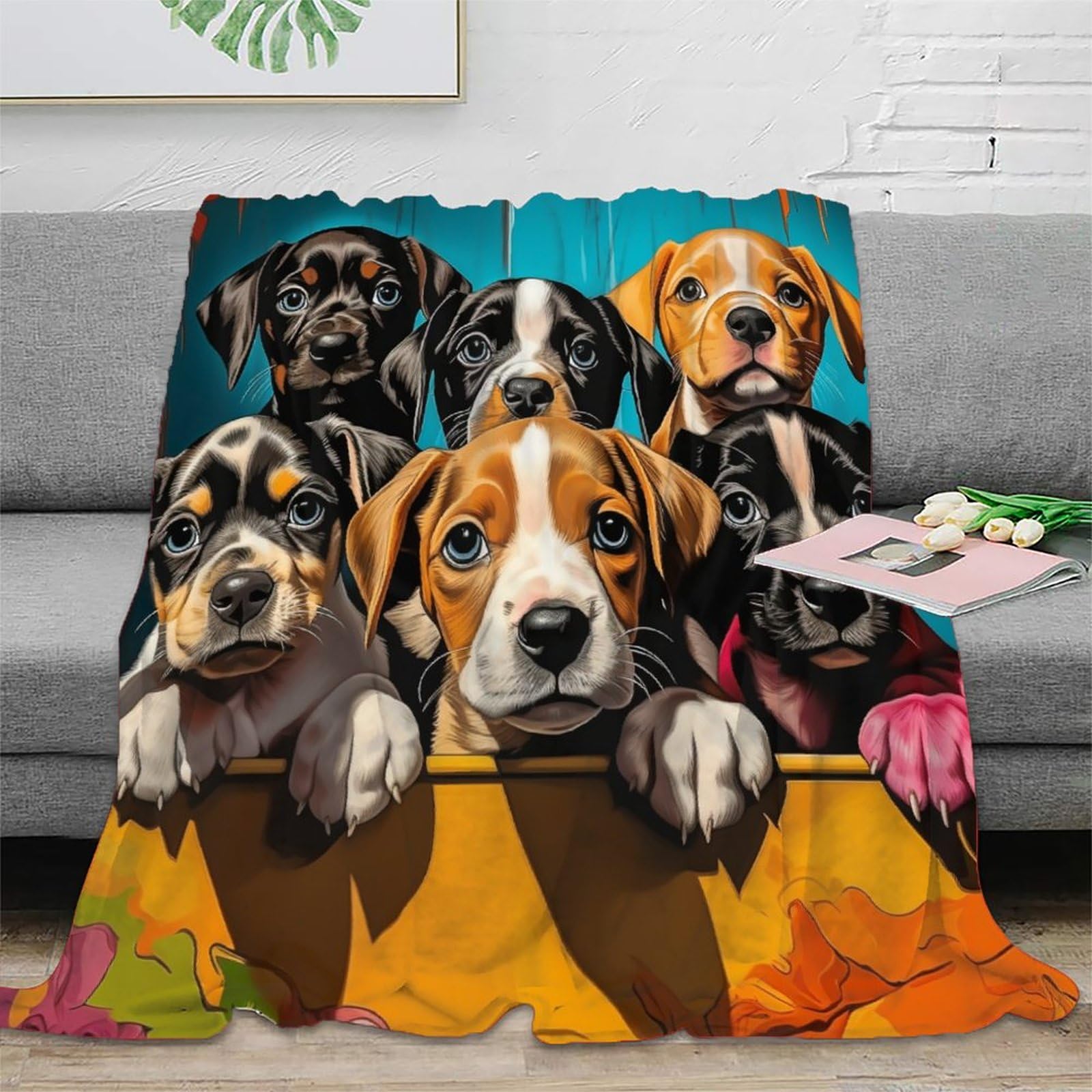 Couverture chiot 3D en polaire douce pour lit et canapé 100x130cm