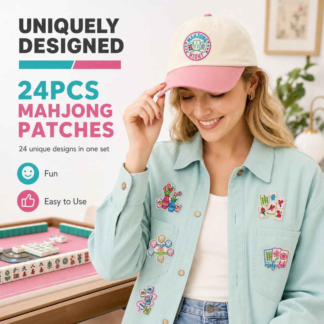 24 Pcs Mahjong Embroidered Iron on Patches for Clothes Tote Bags