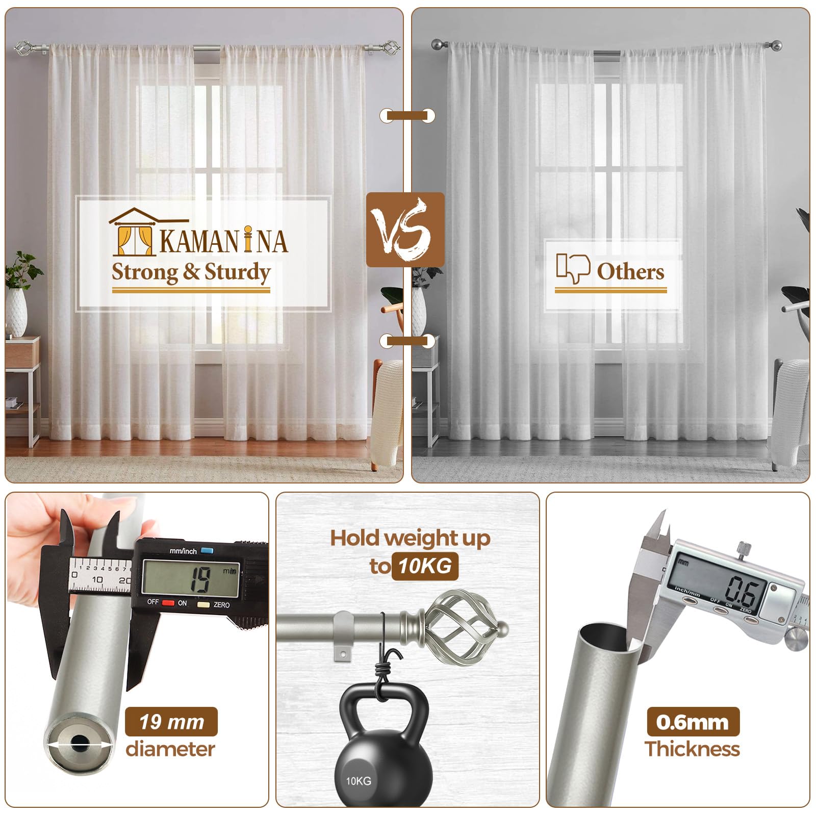 KAMANINA Lot de 2 tringles à rideaux de 80 à 218 cm - Argent vieilli - Pour rideaux à œillets - Diamètre : 19 mm - Tringle télescopique avec embouts en cage torsadés