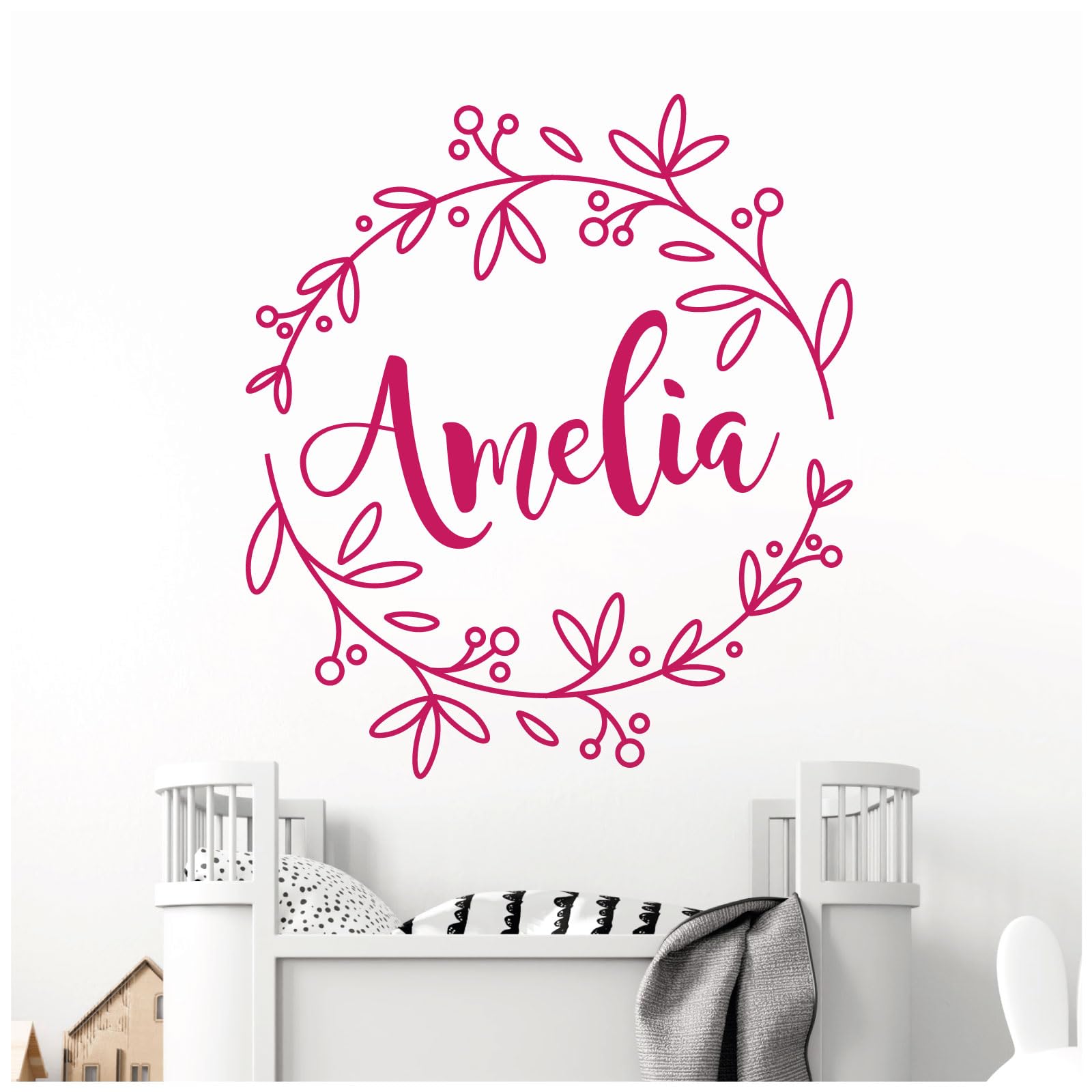 Personalised Name - Floral Wreath - Nursery Vinyl Wall Decal Sticker [Medium] [Magenta]