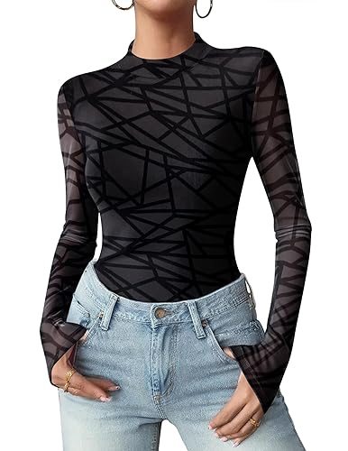 Zeagoo Womens Floral Mesh Long Sleeve Tops See Through Going