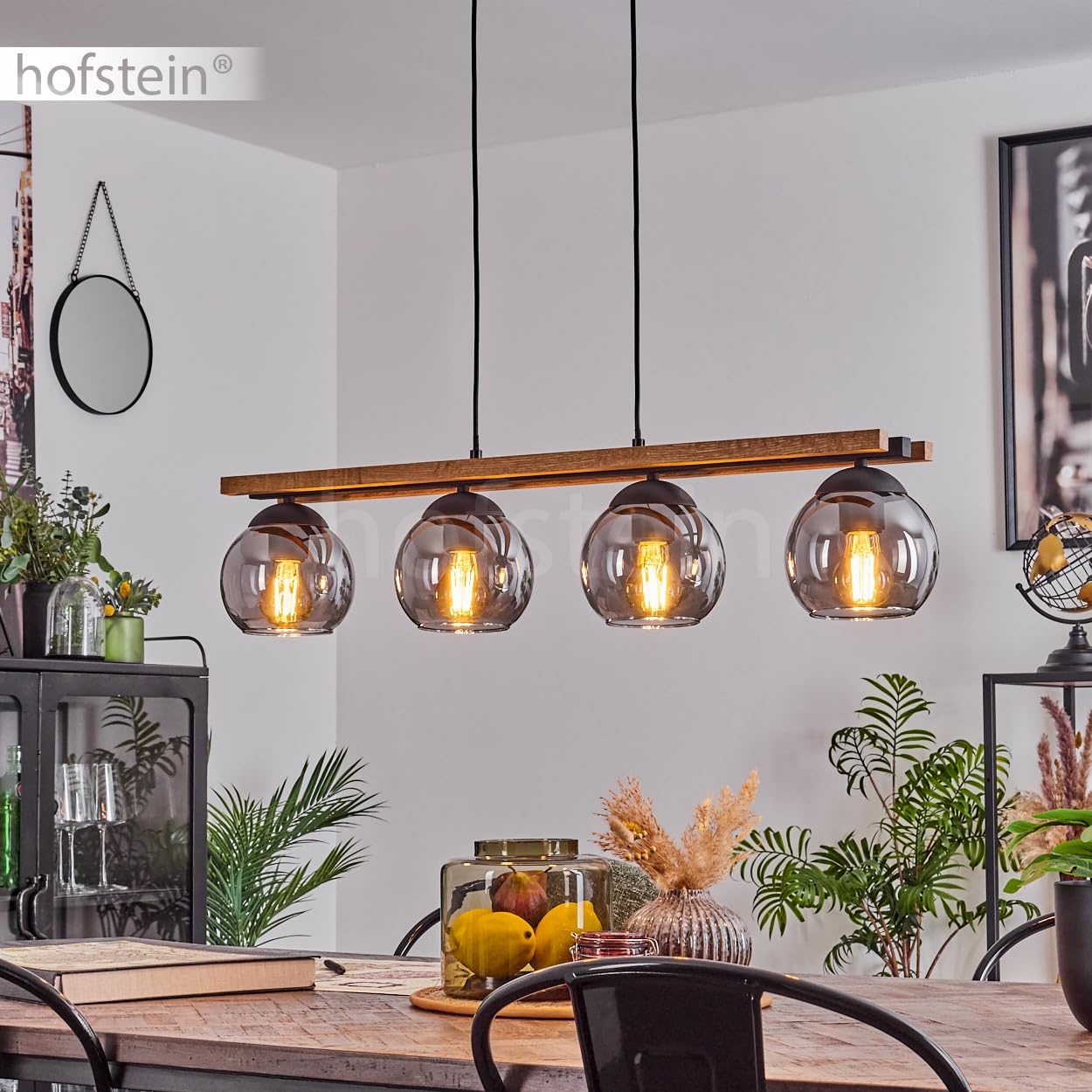 Pendelleuchte Podre, Hängelampe aus Metall/Holz/Glas in Schwarz/Natur/Rauchfarben, Hängeleuchte im Retro/Vintage-Design m. Glasschirmen (Ø 15cm), 4-flammig, Höhe max. 120cm, 4x E27, ohne Leuchtmittel