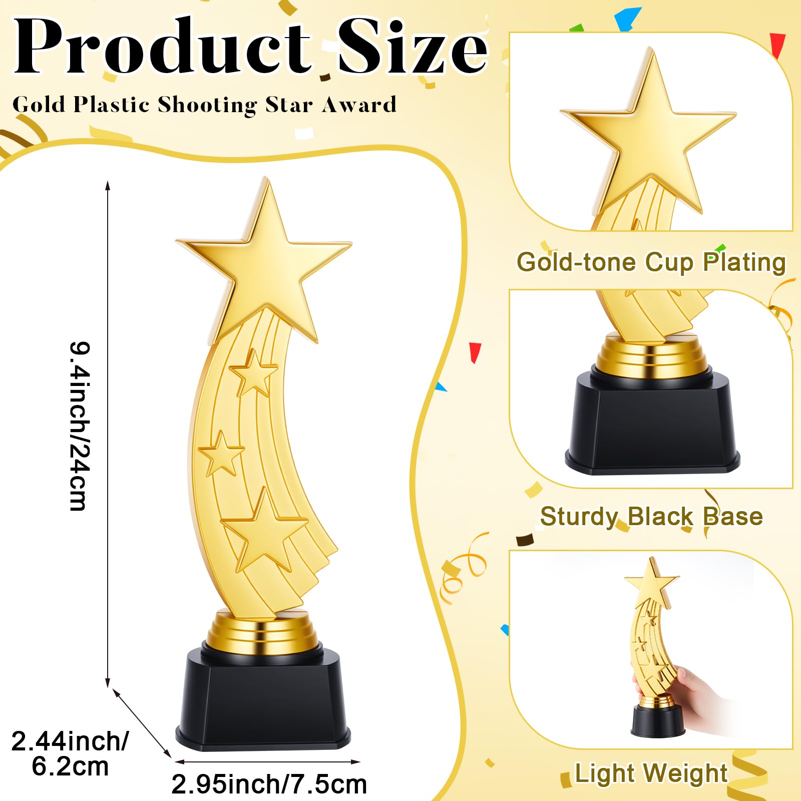 Quelay Trofeos de plástico dorados de 9.5 pulgadas para reconocimiento de empleados, premios escolares, regalo motivacional, celebración de logros excepcionales, competencia (12 unidades, estrella