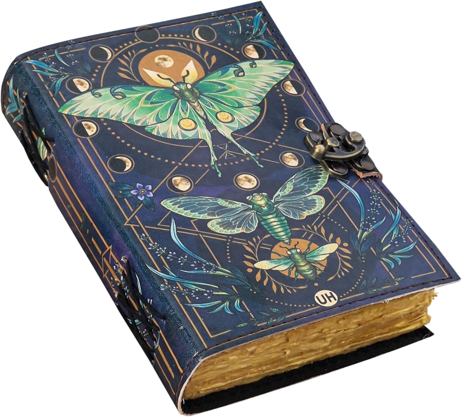 Blank Spell Book of Shadows Journal mit Schlossverschluss Vintage handgefertigtes Leder Luna-Motten und Morpho-Schmetterling-Print Tagebuch Gebet heidnisch Hexerei Zubehör Wicca-Dekor Notizbuch