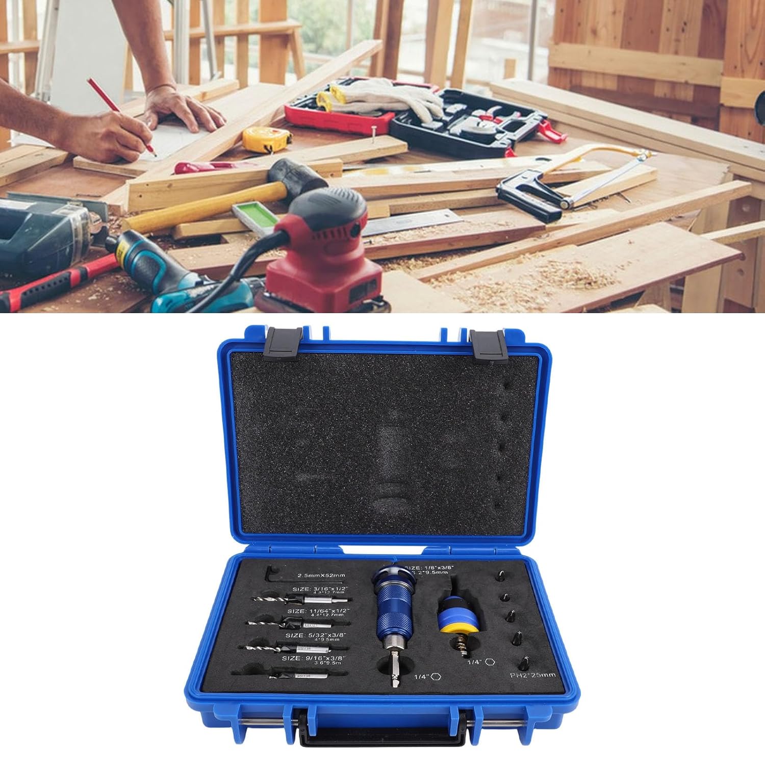 Luqeeg Countersink Drill Bit Set, 3.2-4.8mm Sink Bits, Adjustable Depth Stop Bits with Storage Box & Tapered, Ideal for Woodworking