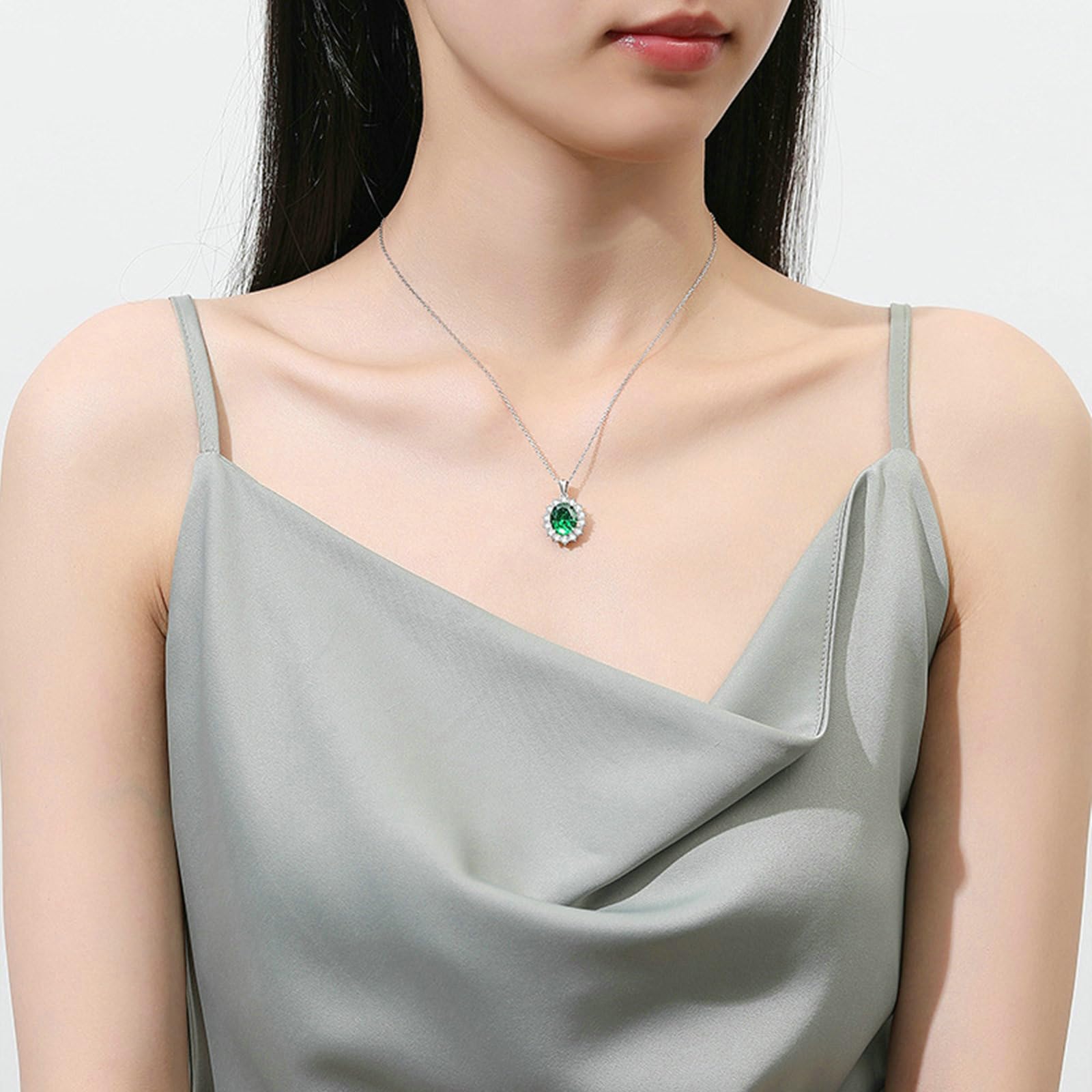 Collar de oro blanco real de 18 quilates con colgante para mujer, collar con colgante de flor con topacio esmeralda ovalado, citrino de 4 quilates y moissanita, cadena de oro blanco 750 de 45