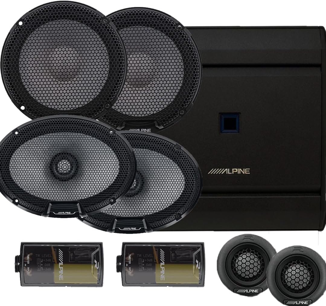 Alpine R Series Speaker Upgrade Package - One Pair of R2-S65C 6.5" 2-Way Component Speakers, One Pair of R2-S69 6x9 2-Way Coaxial Speakers and 4 Channel S Series Amplifier