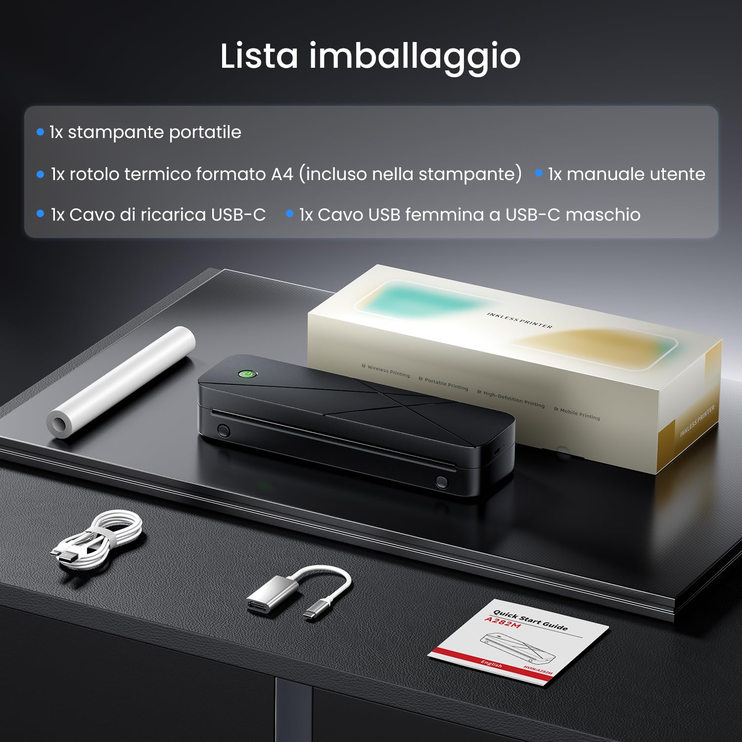 Stampante Portatile A4 Termica Senza Inchiostro Bluetooth per Telefono Laptop Auto Casa Ufficio