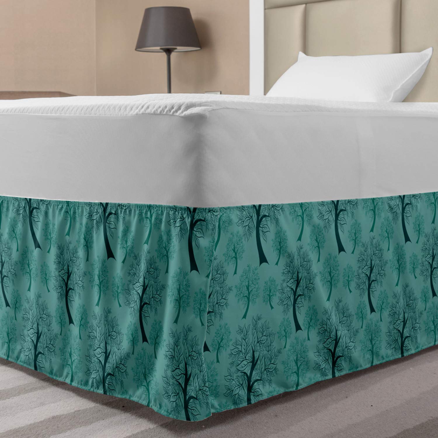 Lunarable Leaf Elastic Bed Skirt Pattern of Trees Silhouettes in The Forest Floral Growth Foliage Country Style Print