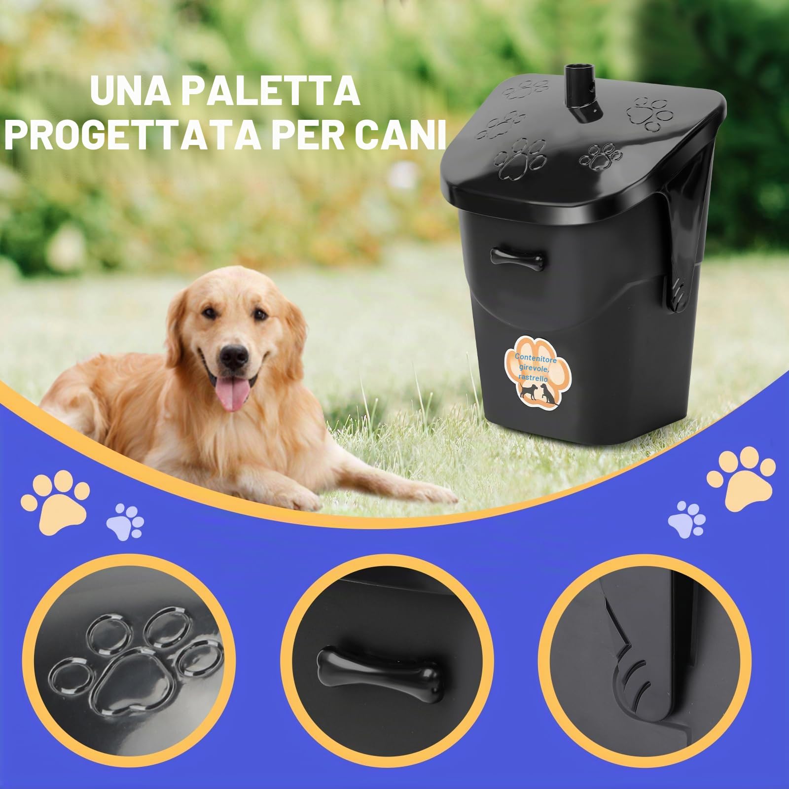 Set Paletta e Rastrello per Feci Cane con 20 Sacchetti – Paletta con Manico Lungo, Raccogli Escrementi per Giardino, Cortile, Esterni
