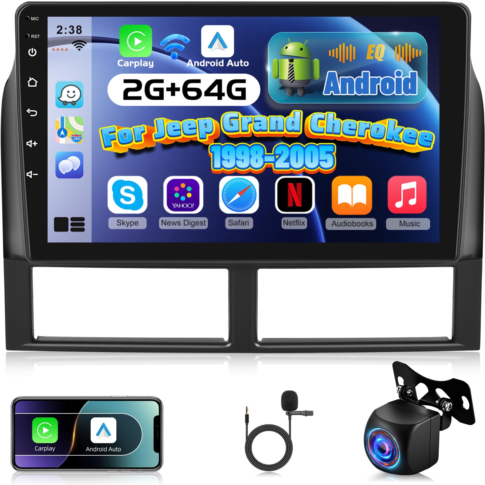 [2G+64G] Android Autoradio per Jeep Grand Cherokee 1998-2005 con Senza Fili Carplay e Android Auto, Autoradio Touch Screen HD da 9 pollici con GPS/WiFi/Bluetooth/EQ/FM RDS