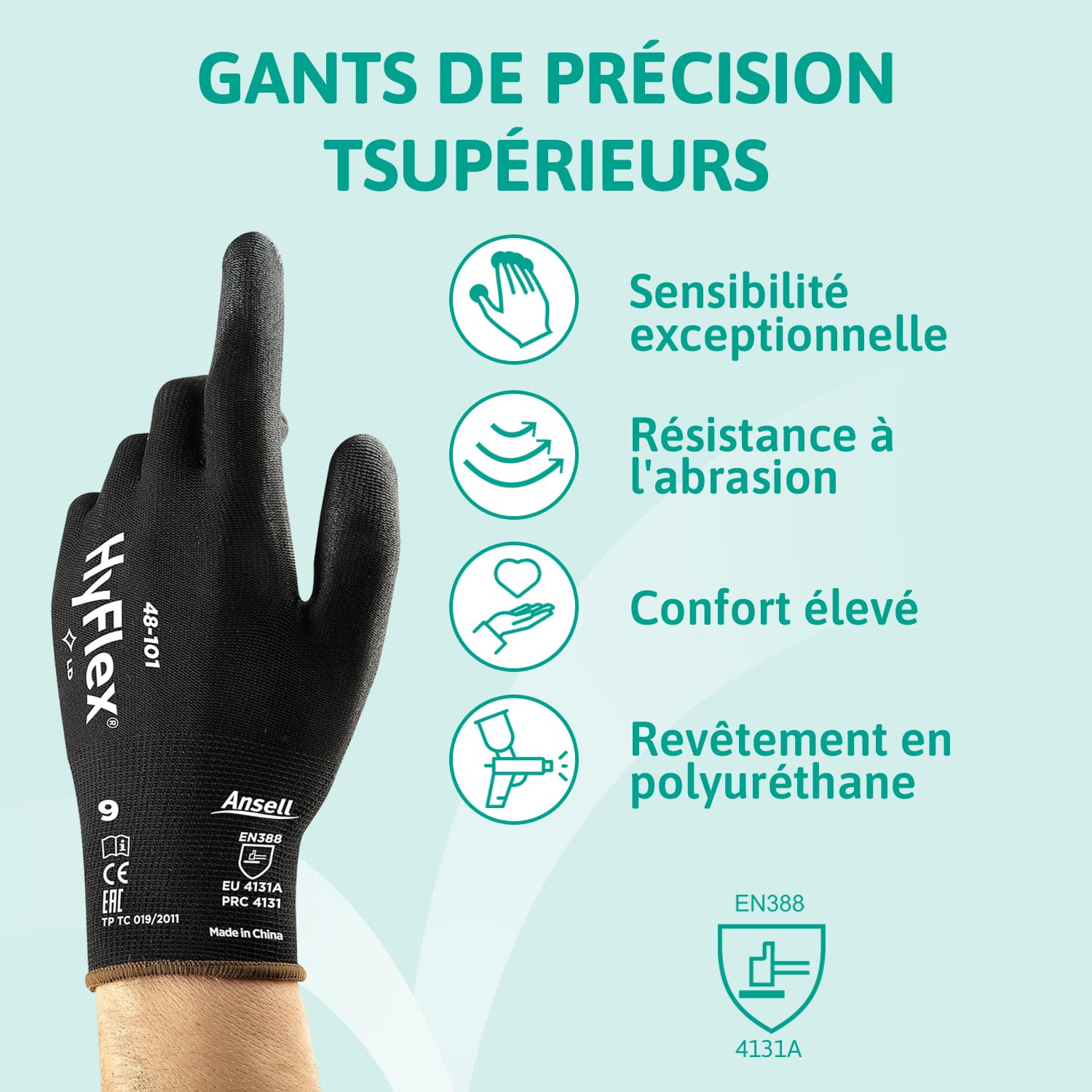 Ansell HyFlex 48-101 Gants de Travail Ultrafins, Nylon Extensible avec Enduction Polyuréthane, Protection Multiusage Haute Précision, Bricolage et Mécanique, Noir, Taille L (12 Paires)