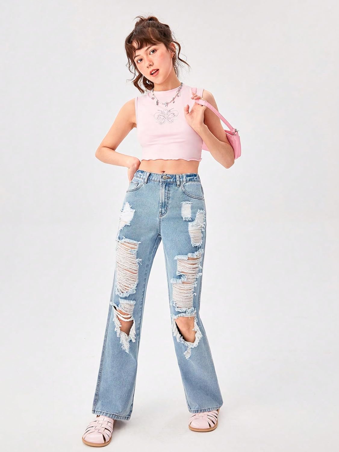 WDIRARA Girl's Cut Out Ripped Pocket Flare Leg Zipper Denim Jeans High Waist Pants - Image 5