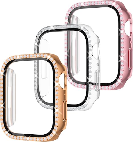HASDON Paquete de 3+3 Funda protectora de pantalla brillante para Apple Watch Ultra de 1.732 pulgadas, diamante de cristal a prueba de golpes +
