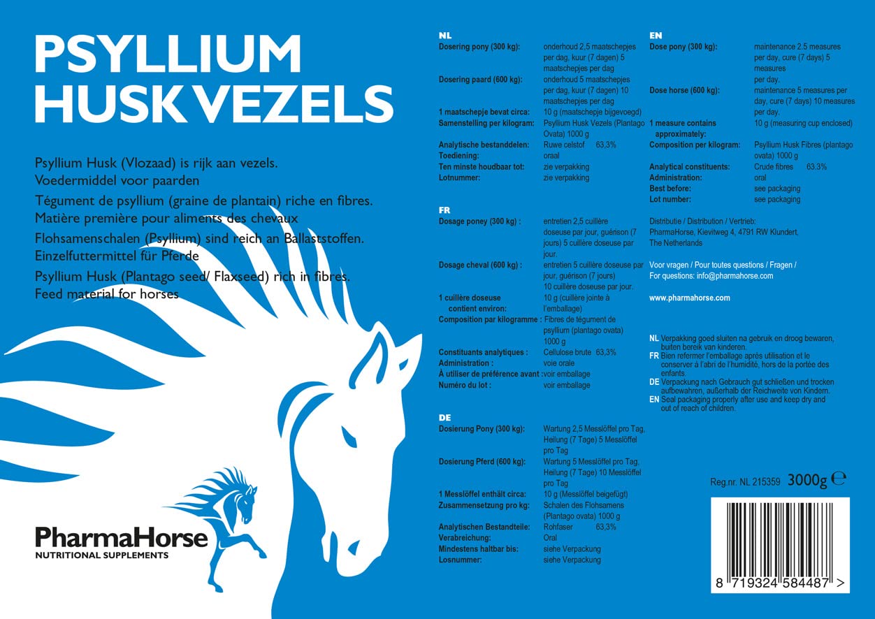 PharmaHorse Psyllium | Fonction intestinal du Cheval | Pour Chevaux qui vivent Dans un environnement Avec du Sable | Sans sucres ajoutés et Sans éléments dopants | 3000 grammes