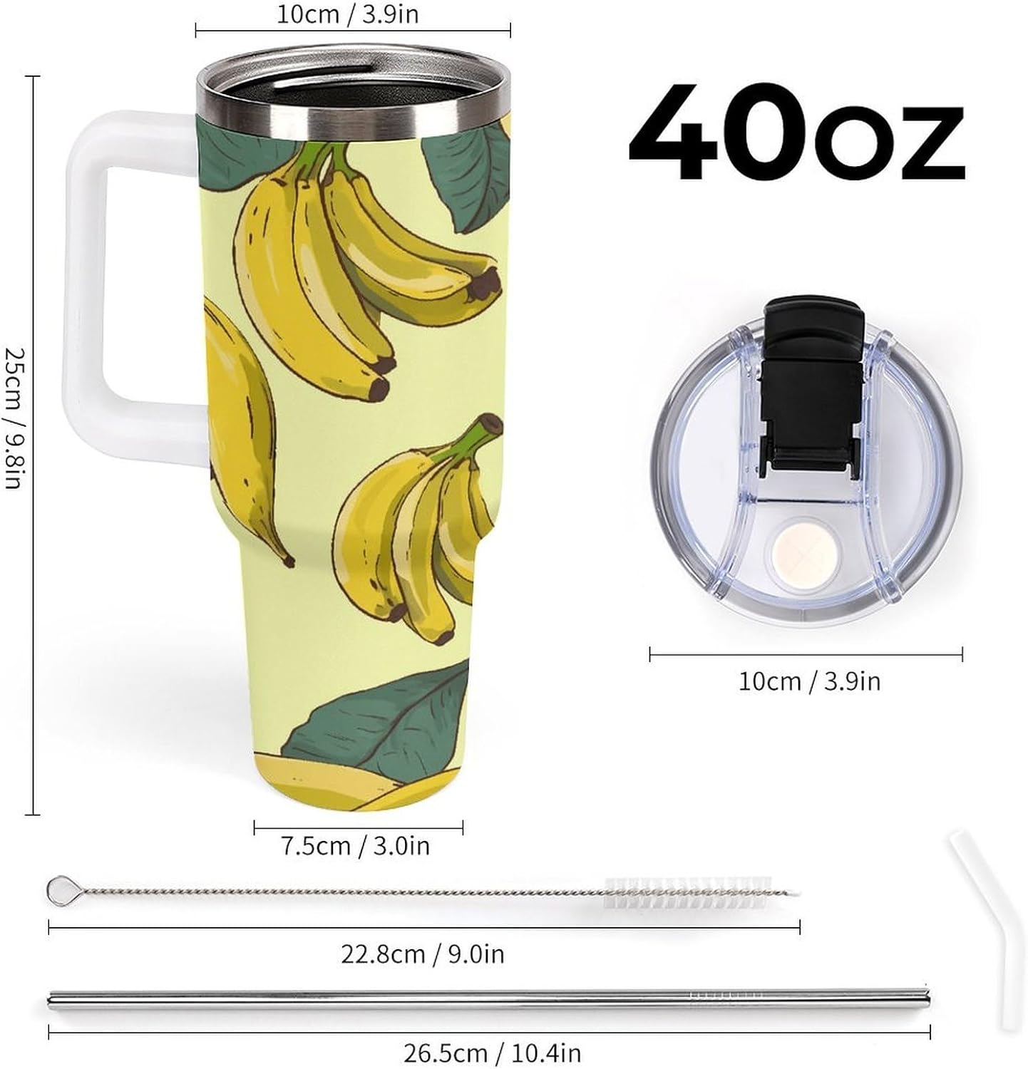 Banana Print Tumbler Stainless Steel Large Car Cup with Handle&Straw Lid Portable Coffee Cup Leak-proof Water Bottle Insulated Vacuum Travel Mug for Home Outdoor 40oz