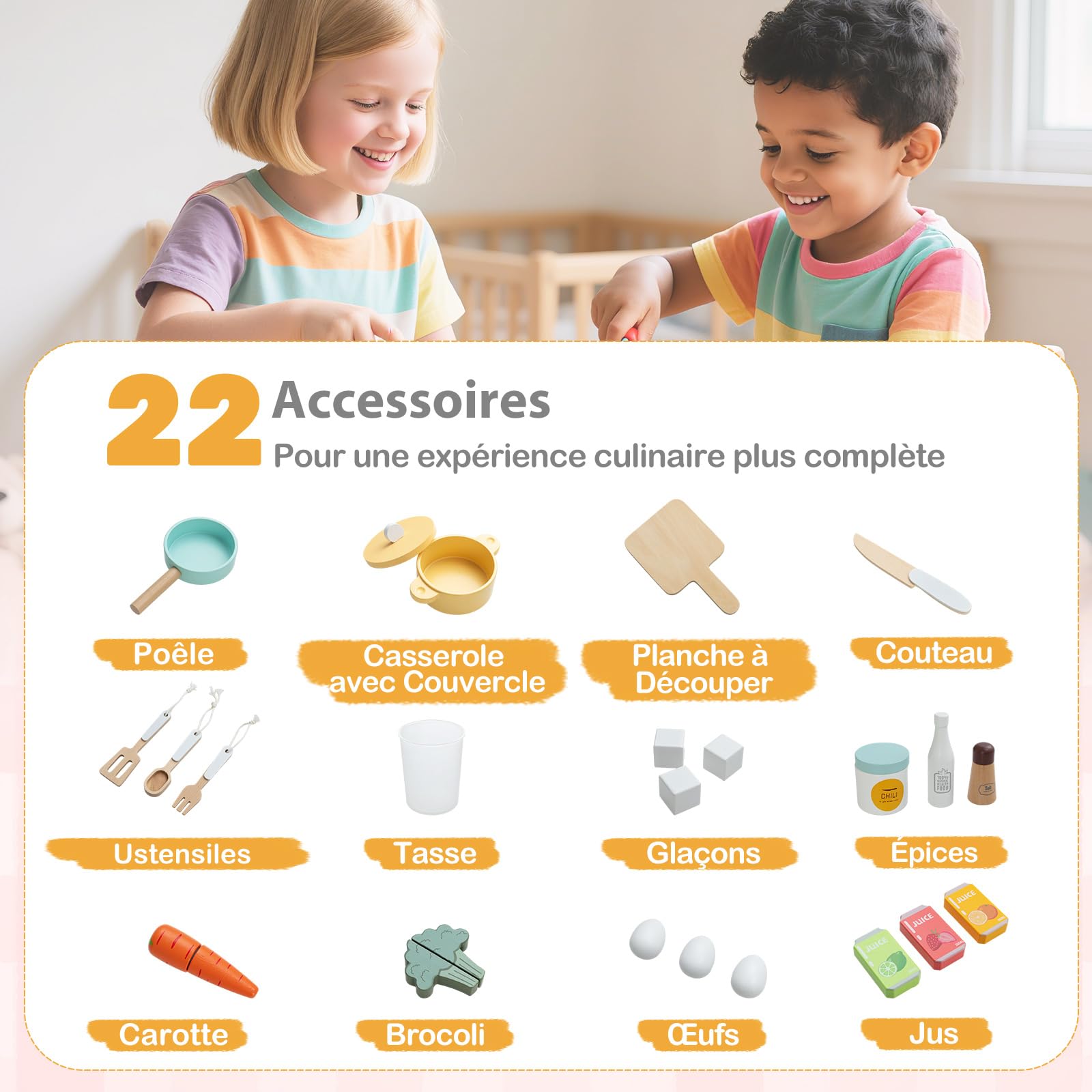 COSTWAY Cuisine d'angle en Bois Enfant avec Lumières & Sons, Jeu de Cuisine Enfant avec Réfrigérateur & Poubelle & Machine à Glaçons & Micro-Ondes, 22 Accessoires & Tableau Noir pour 3 Ans+
