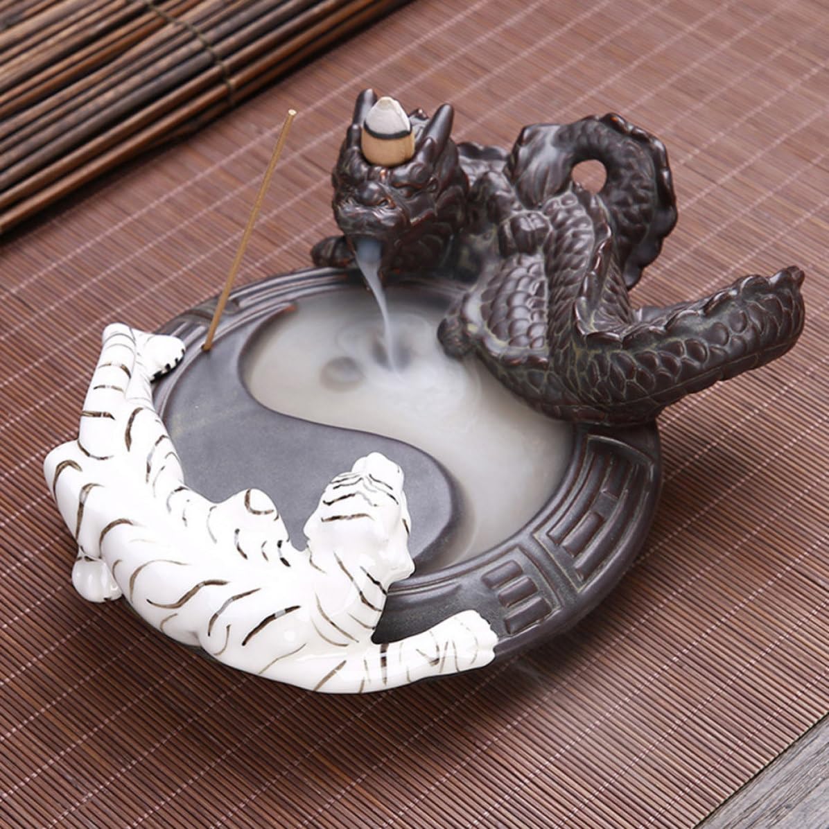 Bruciatore di Incenso Fragranza Naturale in Ceramica Design Drago e Tigre, Aromaterapia Classica per Studio e Yoga