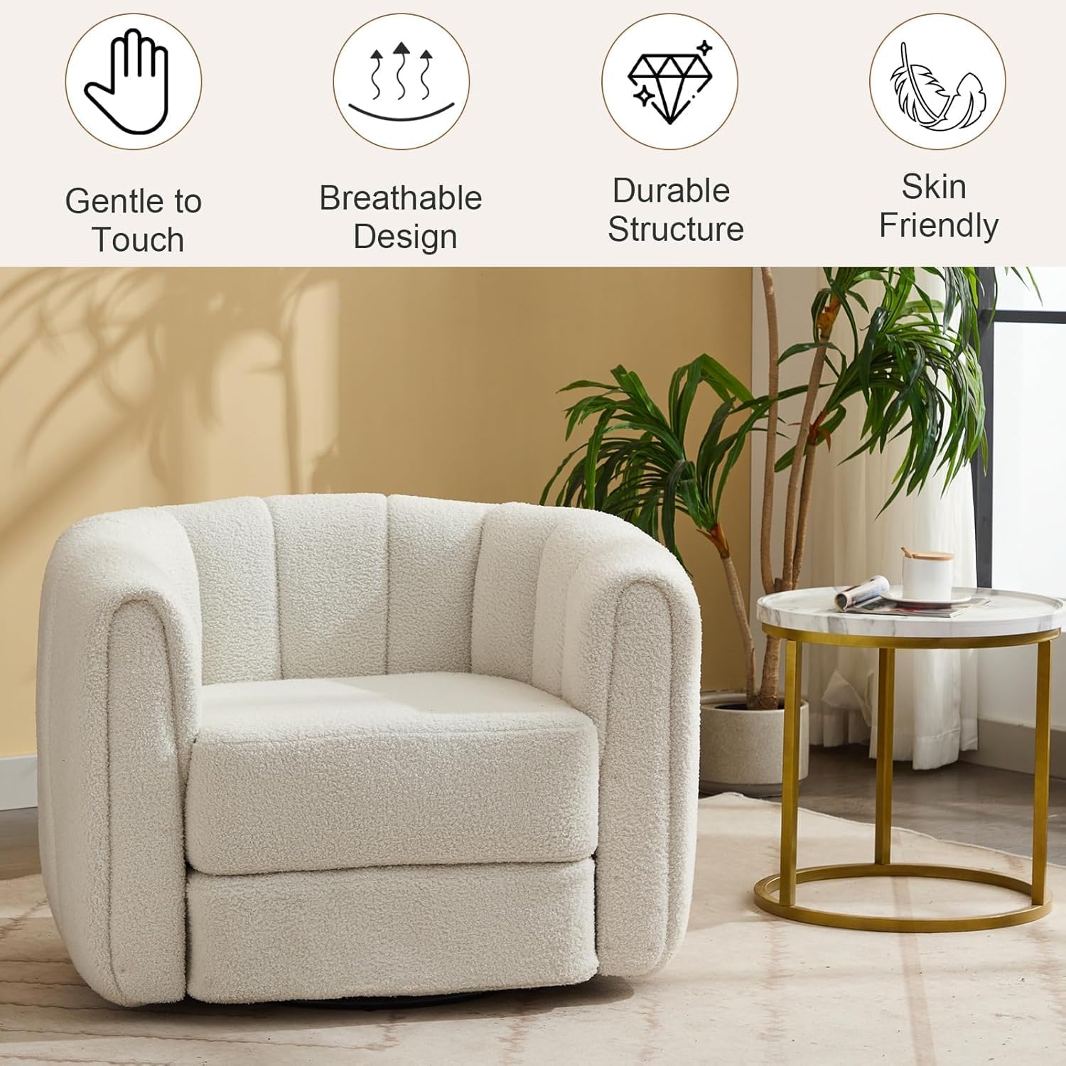 LUCKHAO Swivel Accent Chairs for Living Room, Teddy Fabric 360 Degree Round Swivel Barrel Armchair, Pumpkin Shaped Single Club Sofa Recliner Chairs for Home Bedroom Apartment Office (Beige)