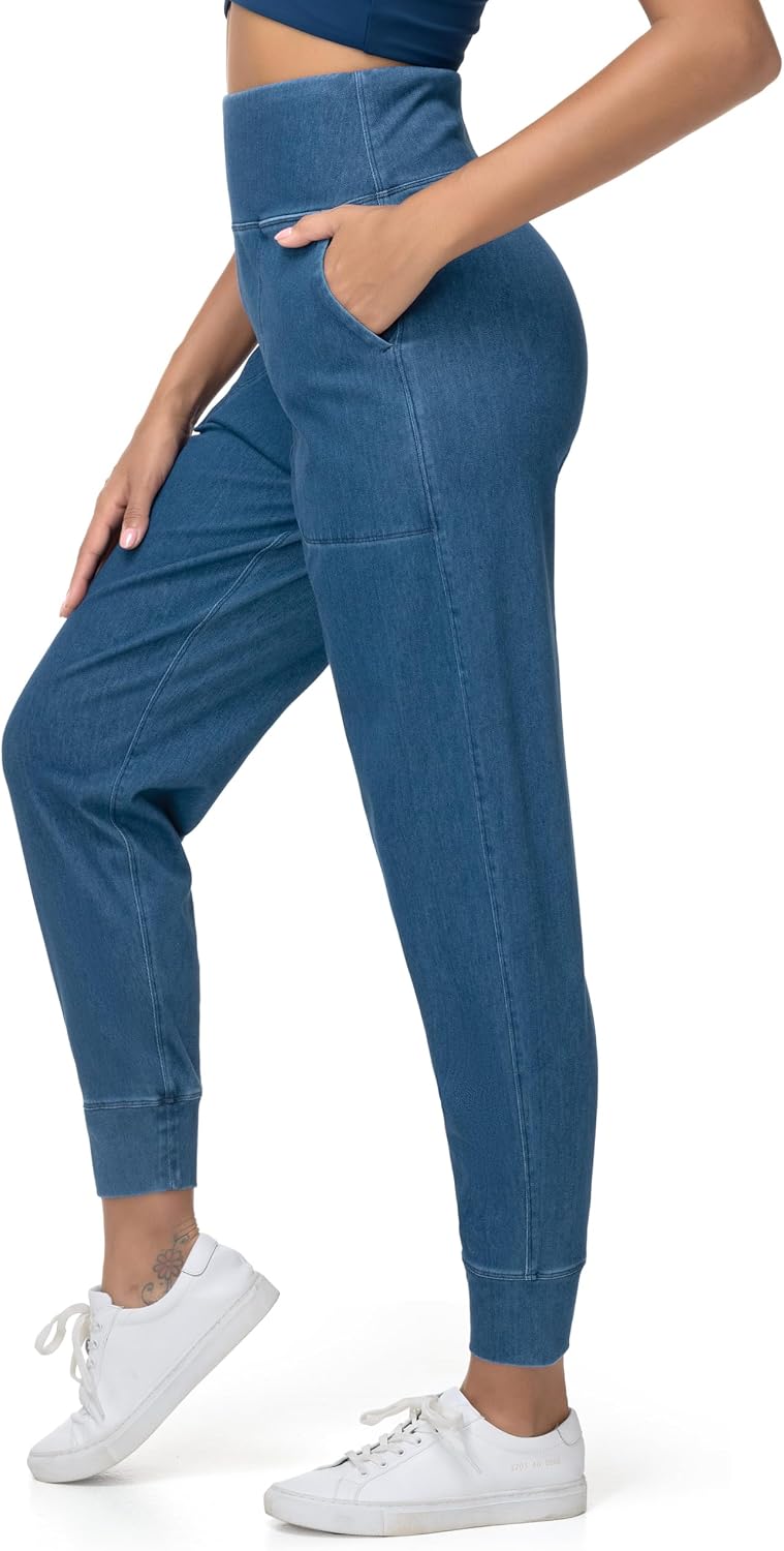 THE GYM PEOPLE Women's High Waisted Denim Joggers Pants Stretchy Tapered Pull On Casual Workout Jeans Jeggings with Pockets