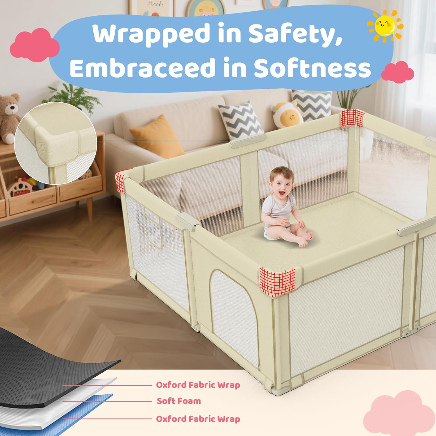 Foldable Baby Playpen: 65" x 50" Super Large Playpen for Babies and Toddlers - Portable Play Pen for Babies with Breathable Mesh & 2 Pulling Handle - Baby Play Yard for Outdoor & Indoor