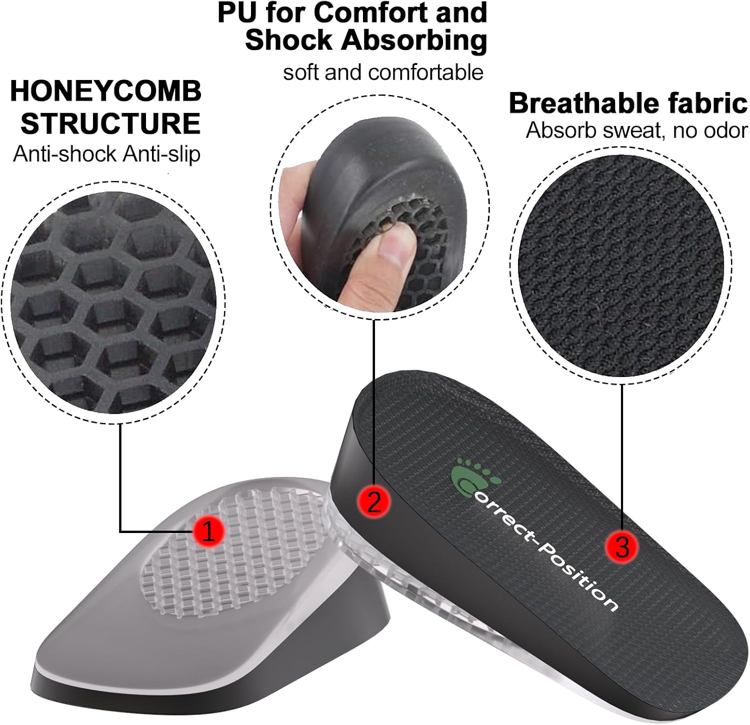 Correct-Position Height Increase Insoles, Heel Cushion Inserts, Heel Lift Inserts for Leg Length Discrepancies (Black, 1.4" Height)