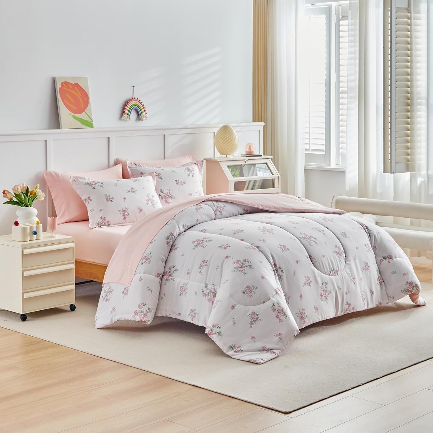 Joyreap 6pcs Bed in a Bag for Girls, Floral Pink Design, Twin Size Microfiber Comforter Sheet Set, Soft Cozy Bedding Comforter Set for All Season