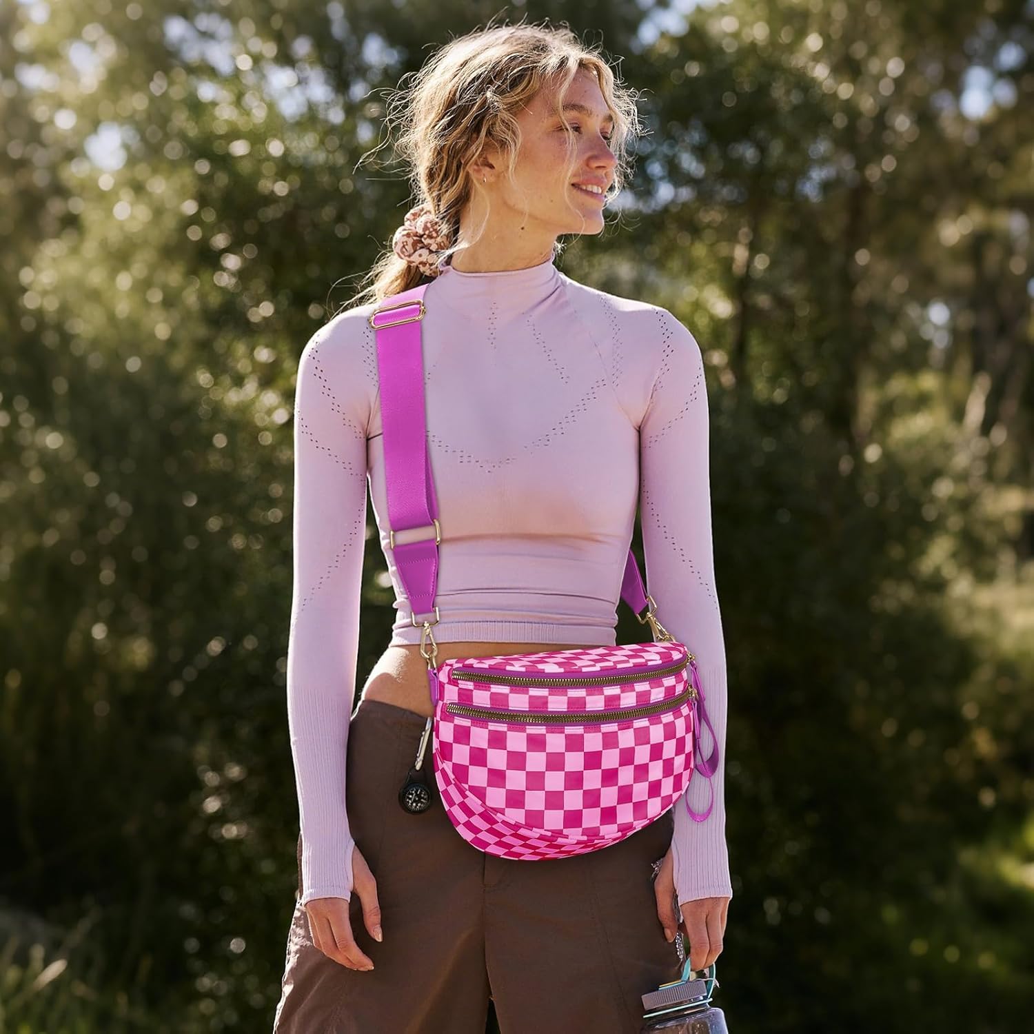 Checkered Crossbody Bag Large Nylon Bum Bag for women Fanny Pack Sling Bag Belt wallet with Adjustable Strap
