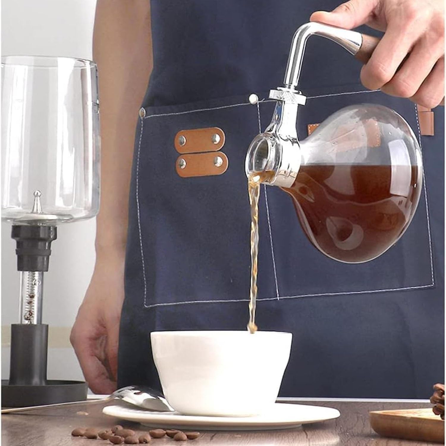 Caffettiera a sifone in vetro retrò da 3-5 tazze, manuale, sottovuoto, for fornello, in vetro borosilicato con manico in noce, for caffè e tè(600ml)