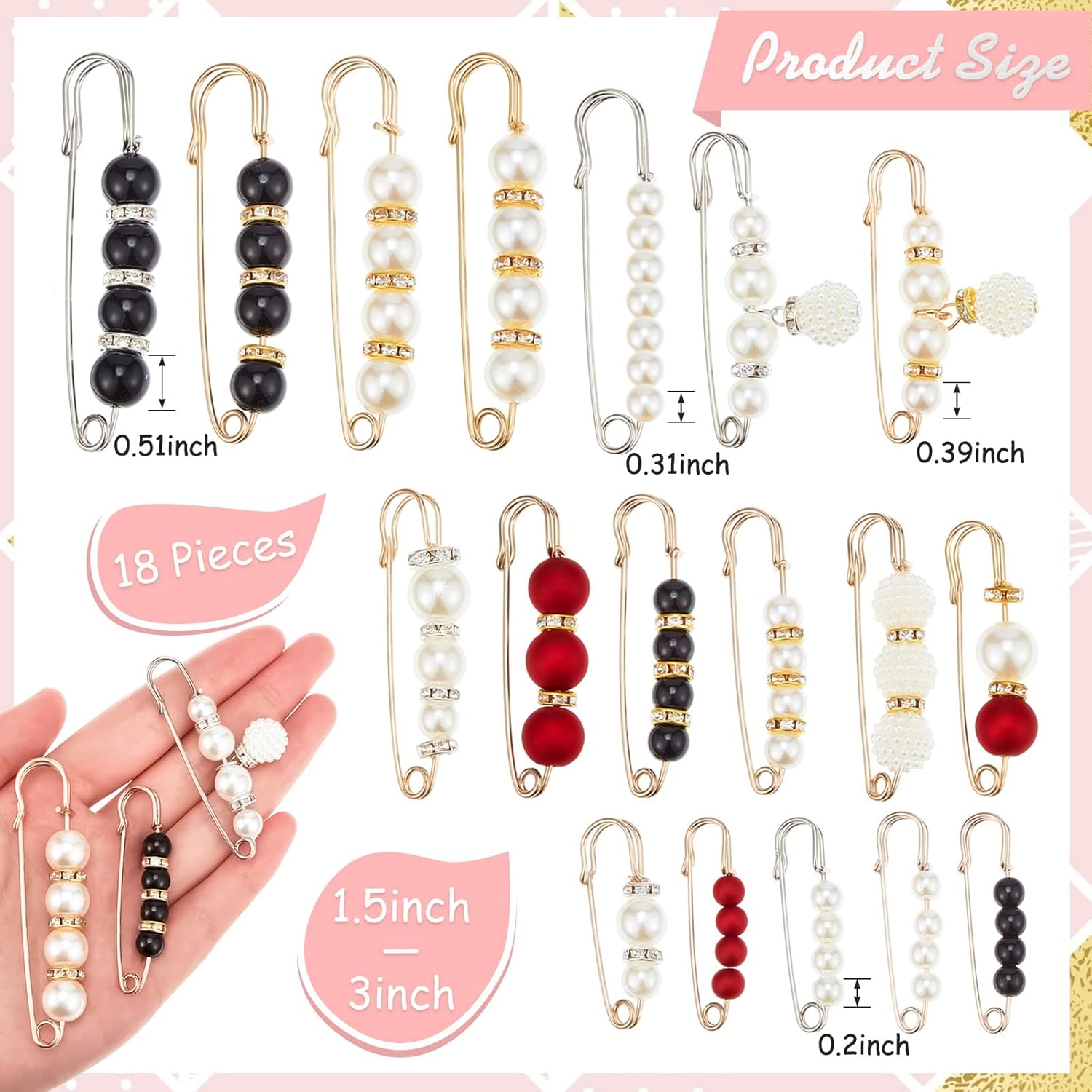 Miniatura 2 de Broche de perlas de 18 piezas, broches de chal, broches de perlas de imitación de diamantes de imitación, broches de seguridad decorativos para