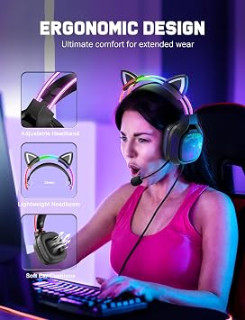 Cat Ear Gaming Headset, Surround Sound, RGB Lights, Noise-Canceling Mic, Lightweight Over-Ear Headphones with Adjustable Headband for PC, PS4, PS5, Mac, Switch, in-Line Control