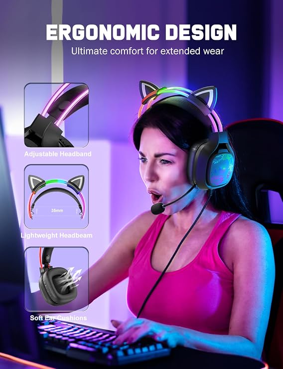 Cat Ear Gaming Headset, Surround Sound, RGB Lights, Noise-Canceling Mic, Lightweight Over-Ear Headphones with Adjustable Headband for PC, PS4, PS5, Mac, Switch, in-Line Control