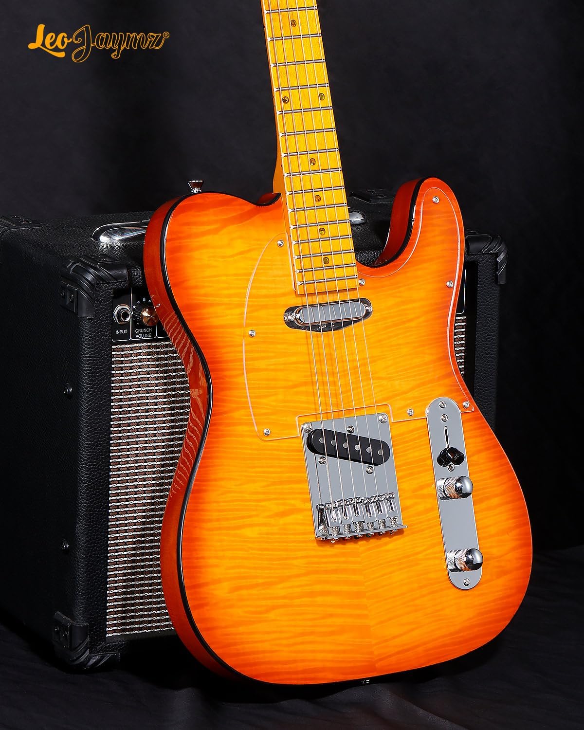 Leo Jaymz TL Style Electric Guitar with Flame Maple Top - High Gloss Mahogany Body and Hard Maple Neck - High Transparent Acrylic Pickguard (Transparent Honey Burst)
