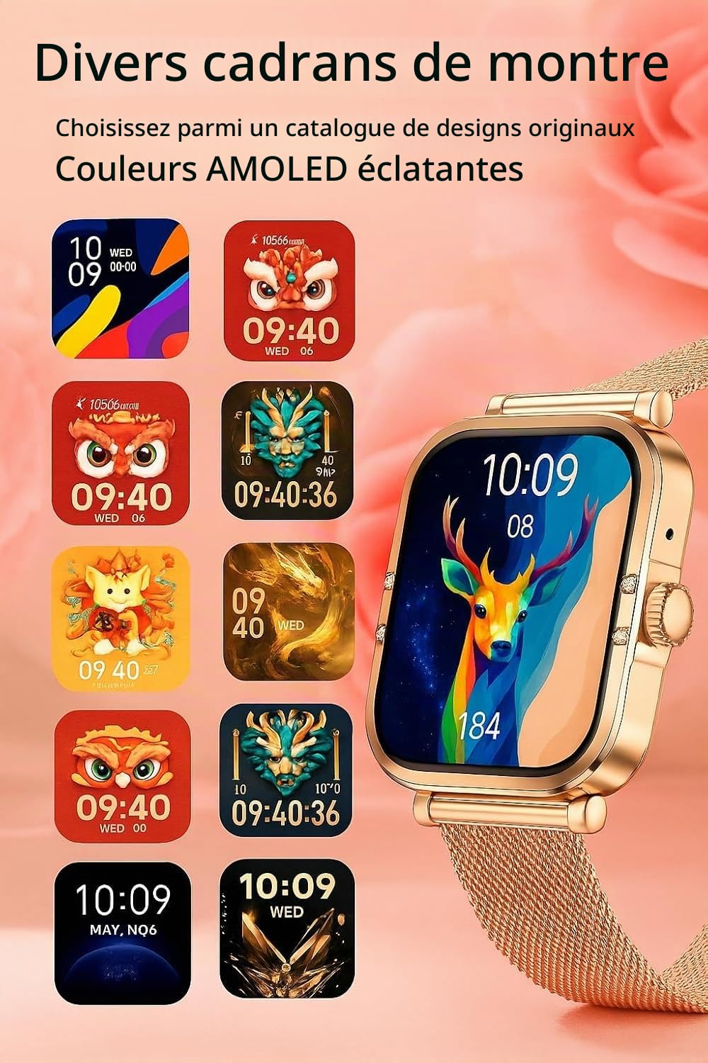 Générique Montre Connectée Femme Doré Élégante AMOLED 1.75" –avec 2 Bracelet Acier/Silicone, Fonction Appels Suivi Santé Complet, Design Luxueux Fleur Dorée - SOS